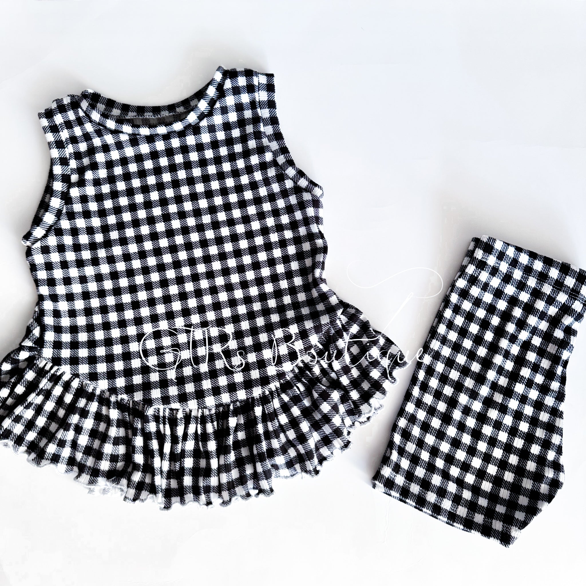 Little Girl’s Black & White Gingham Ruffle Top and Biker Short Set