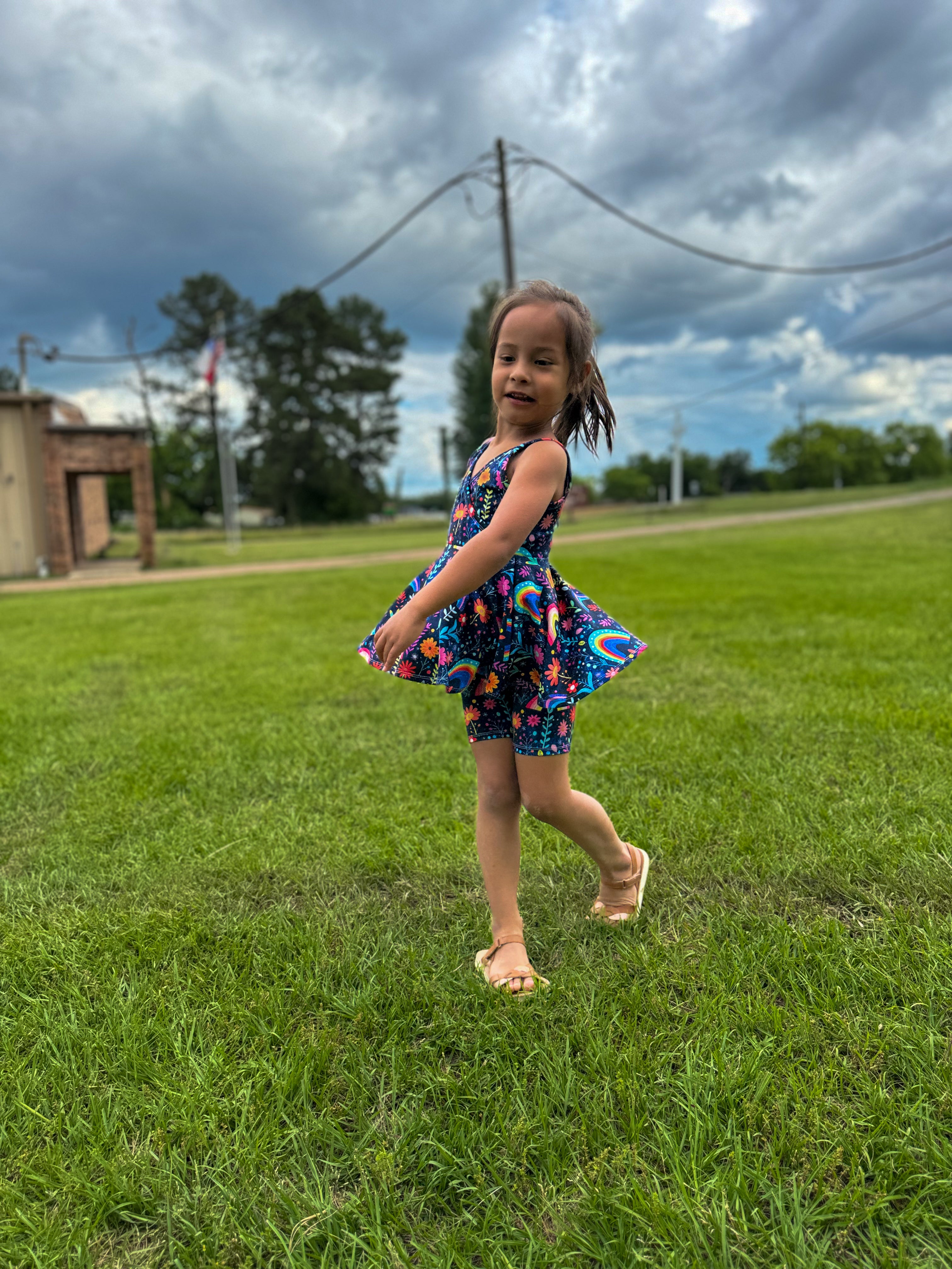 Girls twirl top set, rainbows and flowers