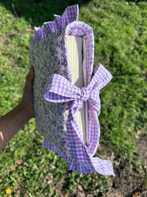 Book Sleeve Cover, Purple Floral and Gingham Print