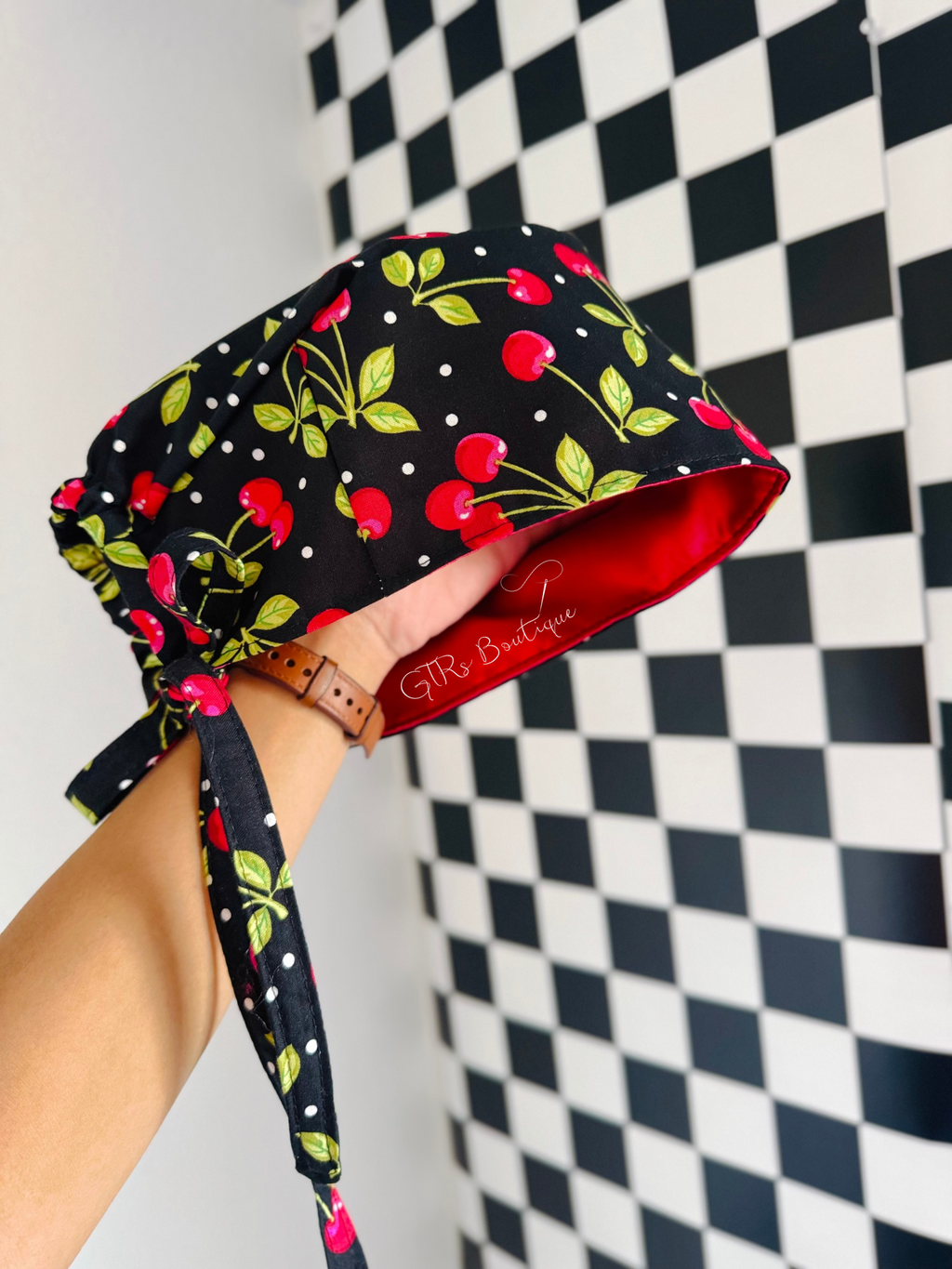 Satin lined retro cherry print scrub cap