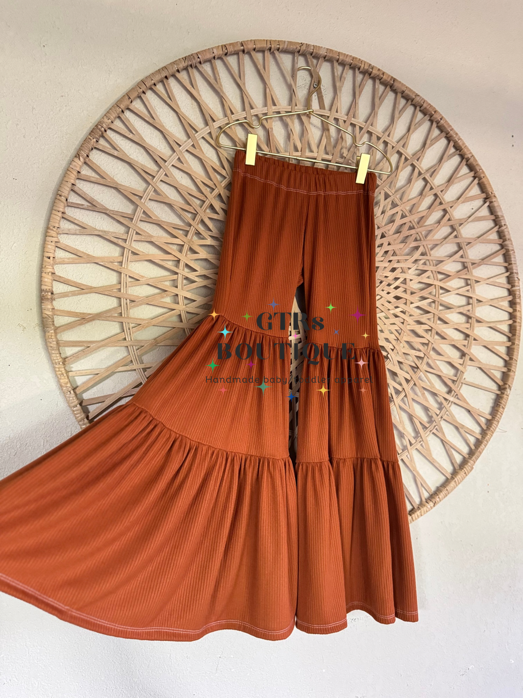 Girls rust ribbed knit wide leg pants. Gathered layered  pants for little girls 