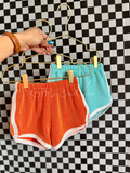 GTRs Boutique carefully handmade retro track shorts, made out of urban rib knit with white rib knit trim binding.