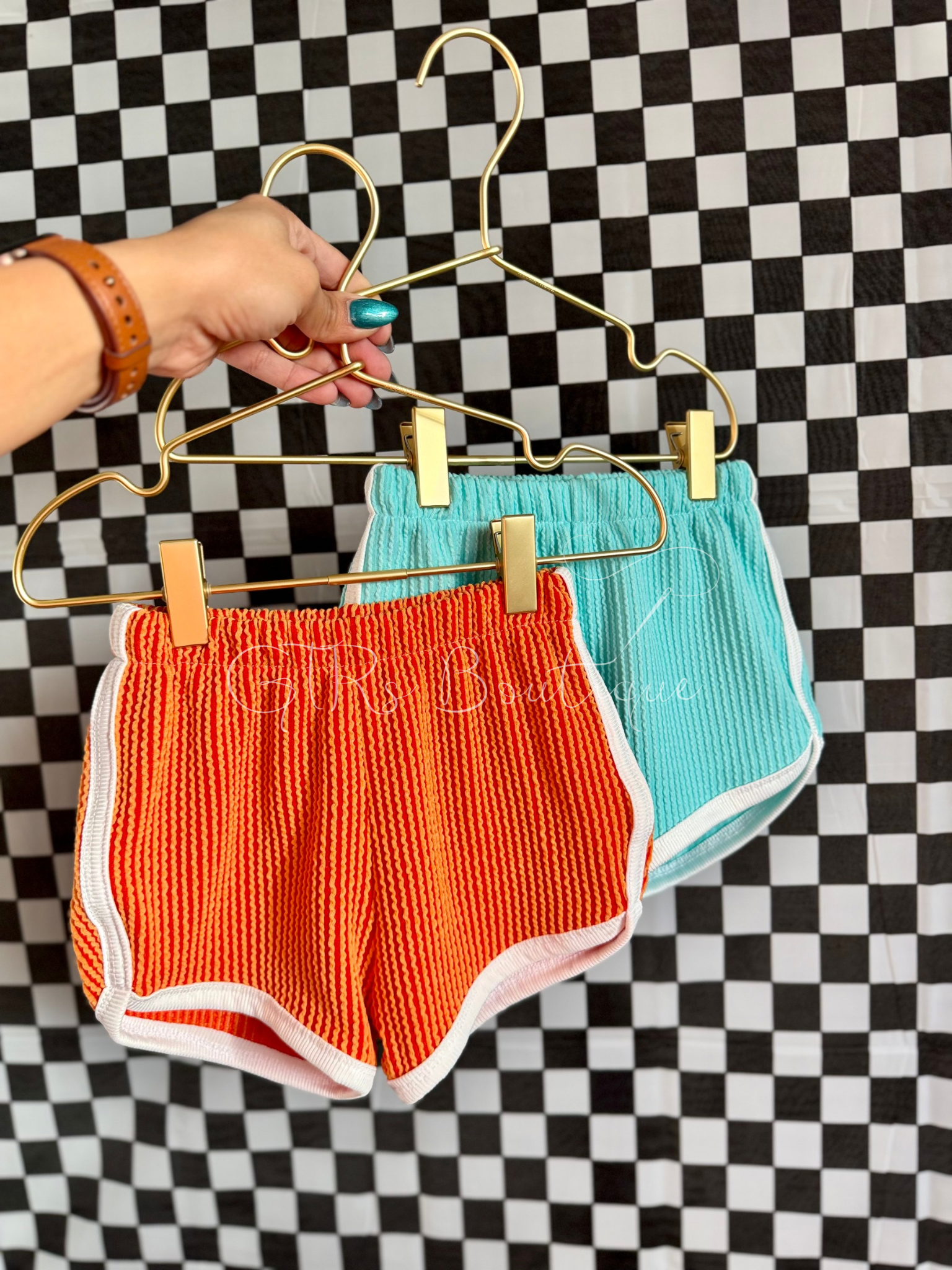 GTRs Boutique carefully handmade retro track shorts, made out of urban rib knit with white rib knit trim binding.