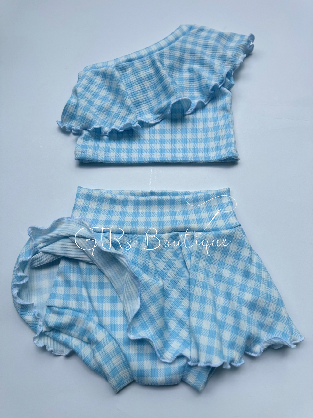 Bluebell Picnic Set - blue gingham crop top and skirted bummie shorts baby outfit