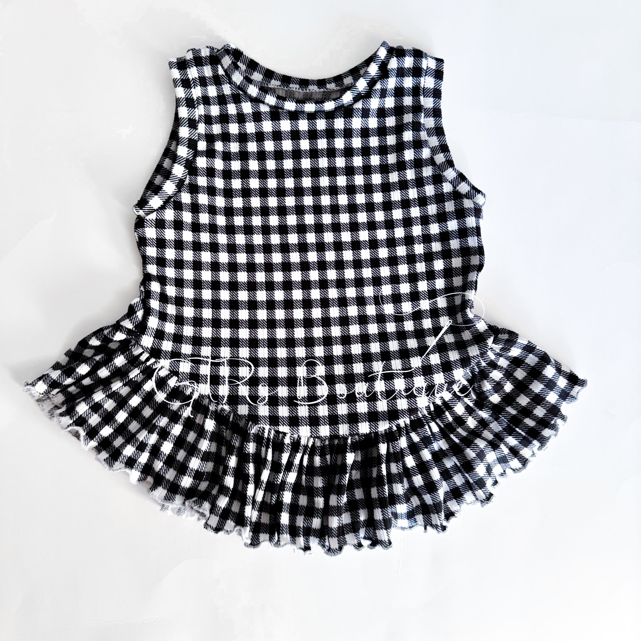Little Girl’s Black & White Gingham Ruffle Top and Biker Short Set