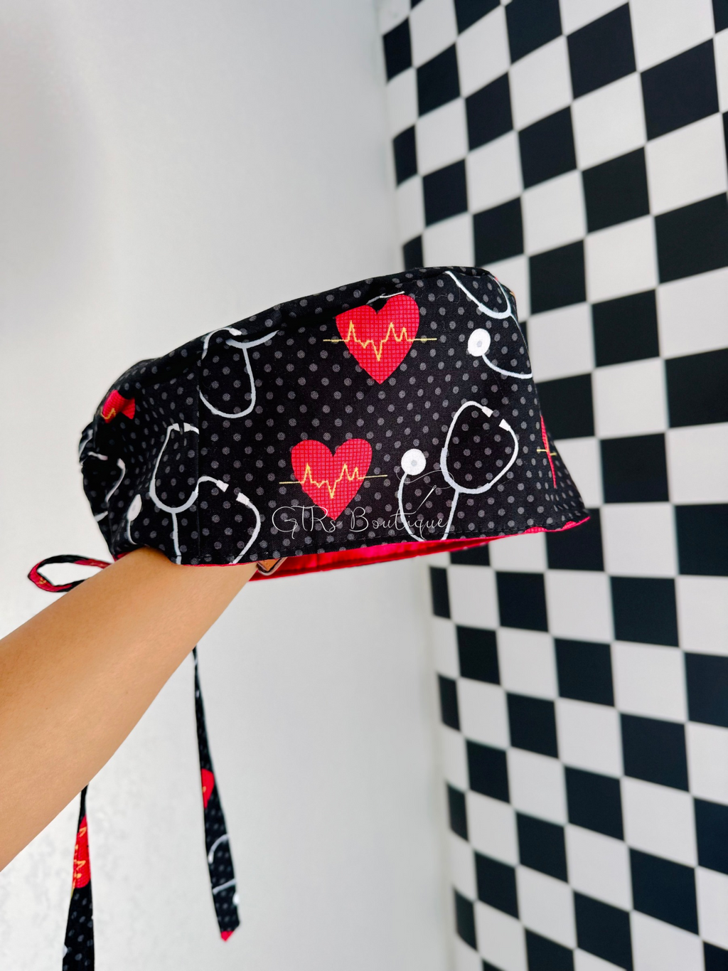 Satin lined heartbeat scrub cap