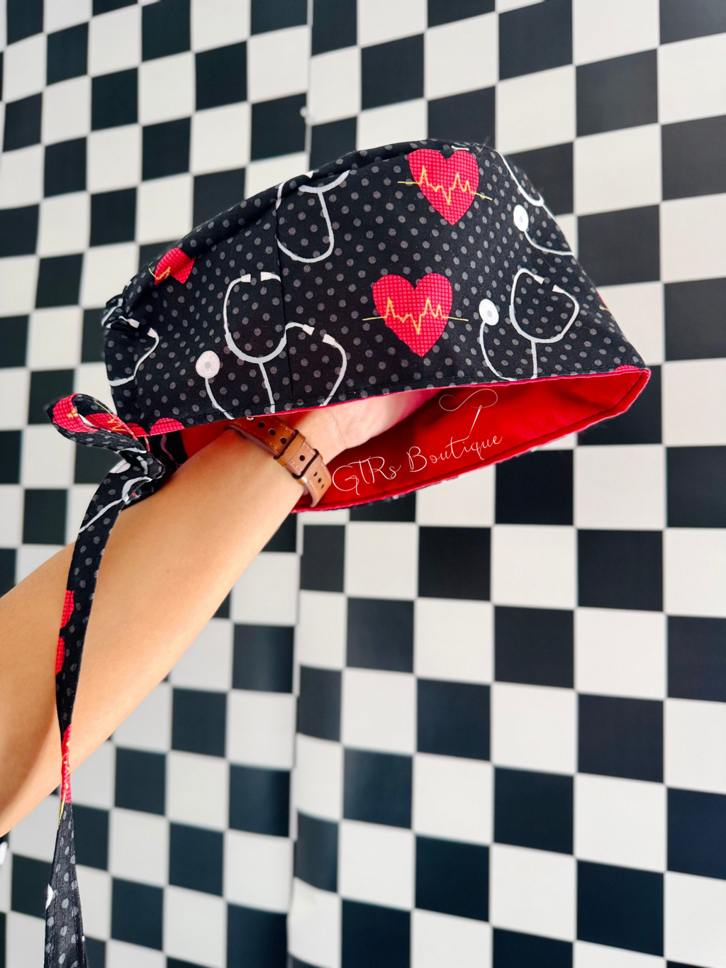 Satin lined heartbeat scrub cap