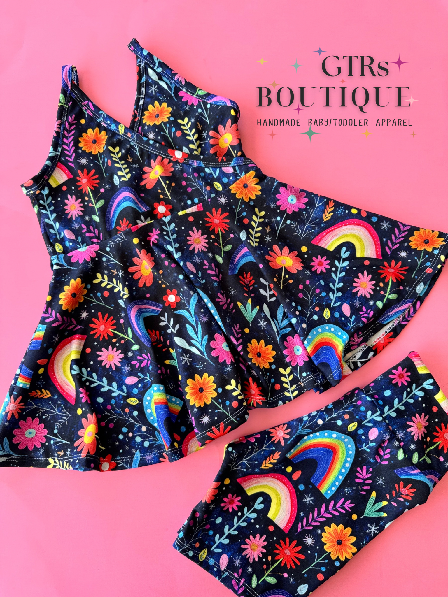 Girls twirl top set, rainbows and flowers